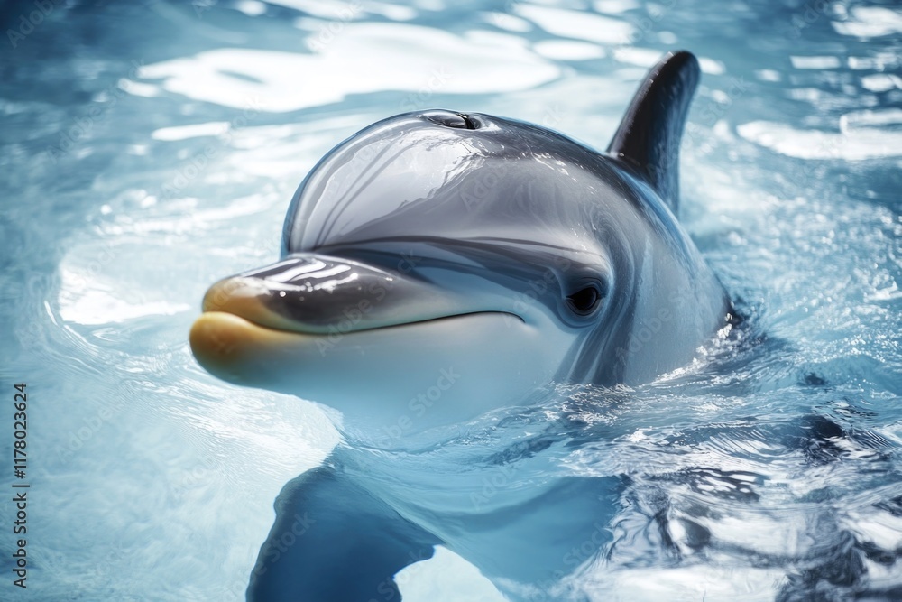 Obraz premium A happy dolphin swimming in the water, smiling at something