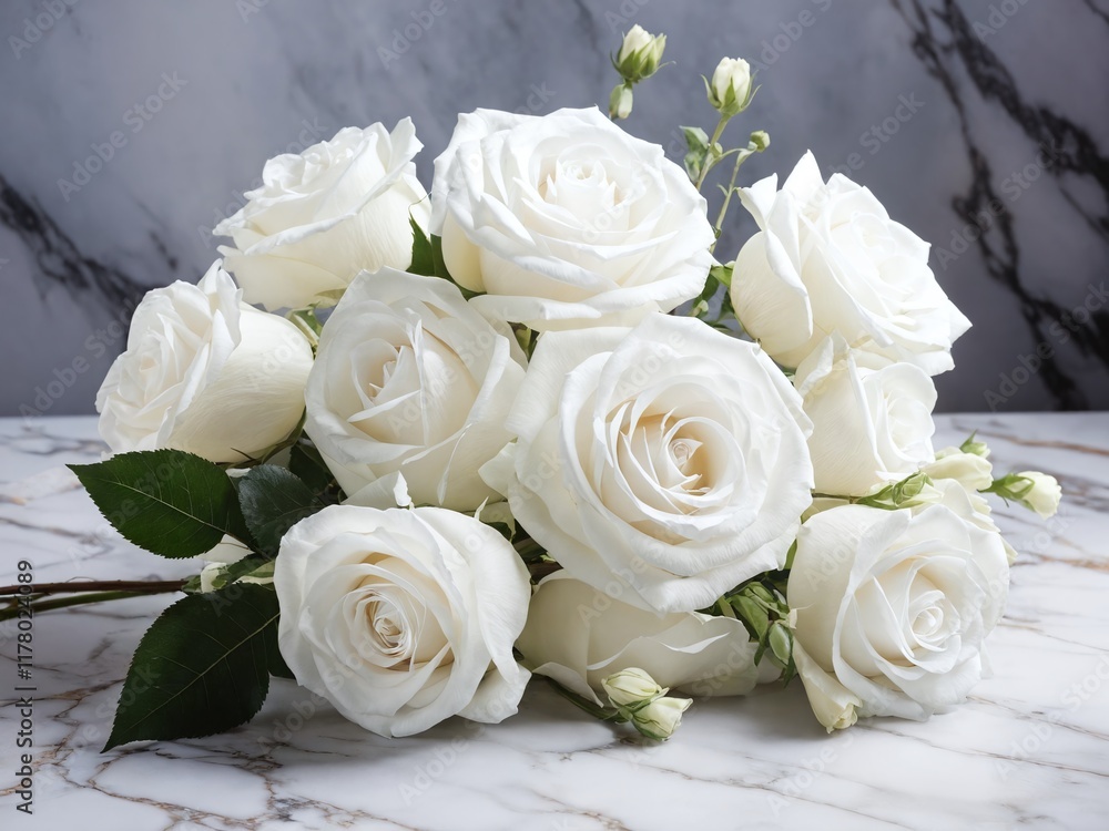 Obraz premium Elegant arrangement of fresh white roses on a marble surface in natural light