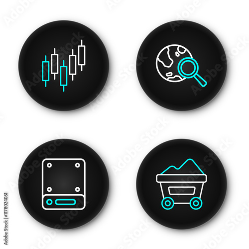 Set line Coal mine trolley, Server, Search globe and Browser with stocks market icon. Vector