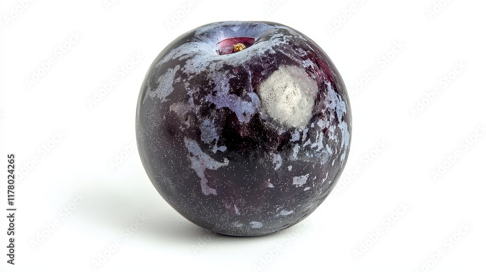 A juicy plum with a rich purple skin and a hint of red on a white isolated background A juicy plum with a rich purple skin and a hint of red on a white isolated background
