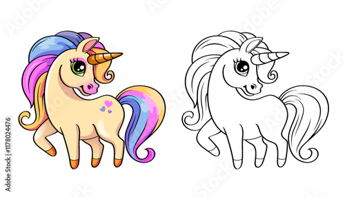 Cute little unicorn. Black and white vector illustration for coloring book with example in color