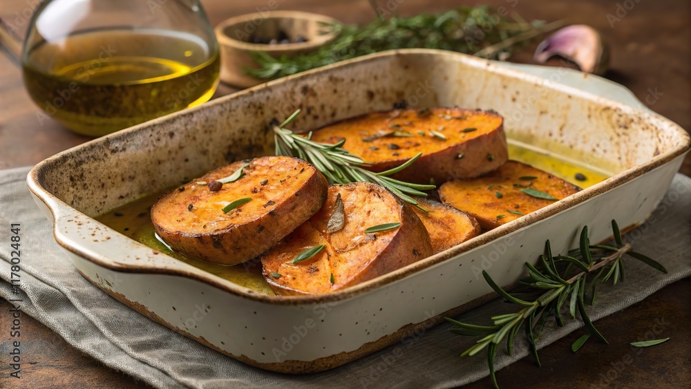 Savory baked sweet potatoes with rosemary and olive oil in a rustic dish on a wooden table Savory baked sweet potatoes with rosemary and olive oil in a rustic dish on a wooden table