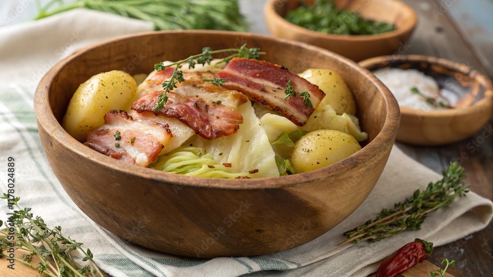 Savory layers of bacon and fresh cabbage nestled in a rustic bowl creating a comforting culinary experience