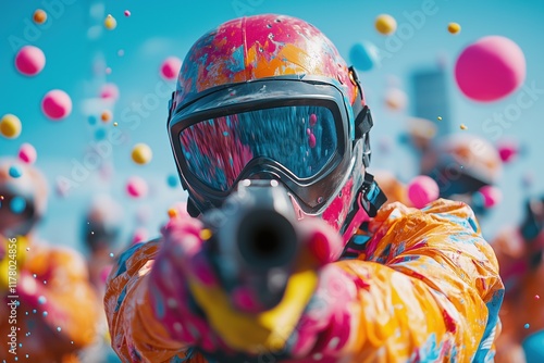 Students enjoy a vibrant paintball party with colorful splashes of paint photo