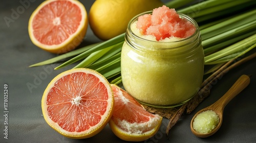 lemongrass, grapefruit slices, and jars of body scrub photo