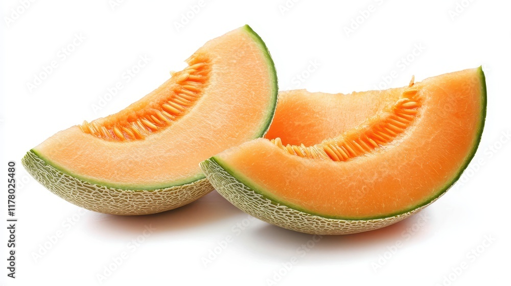 A sliced cantaloupe melon with soft orange flesh on a white isolated background A sliced cantaloupe melon with soft orange flesh on a white isolated background