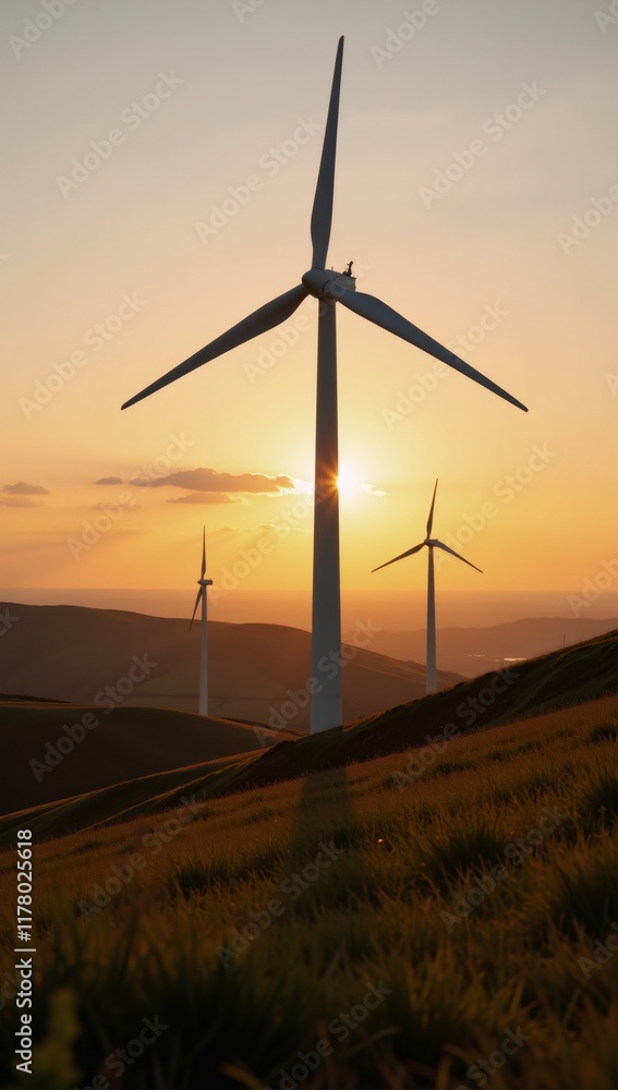 Obraz premium Wind turbines spin on a hilltop as the sun sets symbolizing sustainable energy and beauty in a landscaped vista of farmland