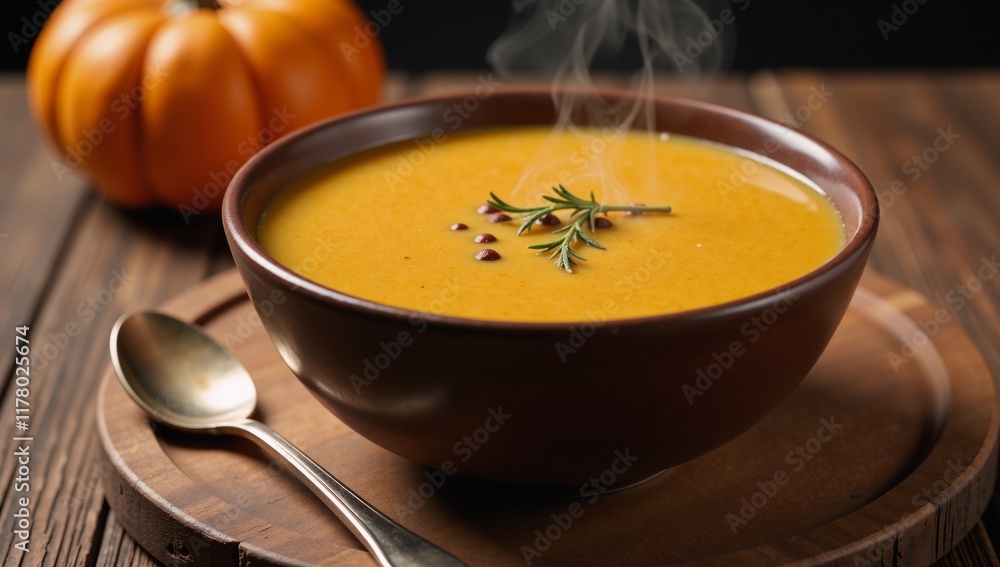 Warm pumpkin soup seasoned with pepper and thyme in a rustic setting Warm pumpkin soup seasoned with pepper and thyme in a rustic setting