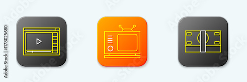Set line Online play video, Retro tv and Stacks paper money cash icon. Vector