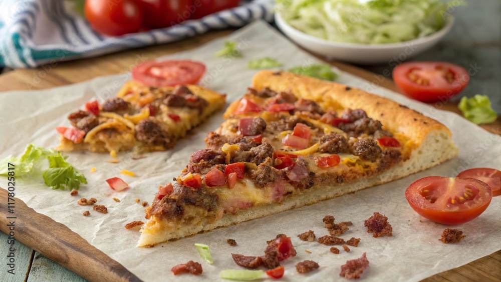 Savoring a delicious slice of bacon cheeseburger pizza on a rustic wooden table at a cozy eatery Savoring a delicious slice of bacon cheeseburger pizza on a rustic wooden table at a cozy eatery