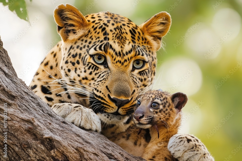 Fototapeta premium A mother leopard holding her young cub in a tree, nature wildlife scene