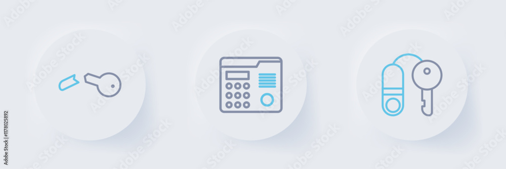 Set line House with key, intercom system and Broken icon. Vector Set line House with key, intercom system and Broken icon. Vector