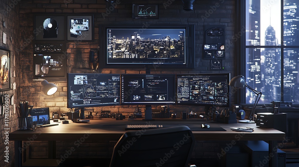Modern High-Tech Workspace Setup with Multiple Monitors and Stunning Cityscape View Modern High-Tech Workspace Setup with Multiple Monitors and Stunning Cityscape View