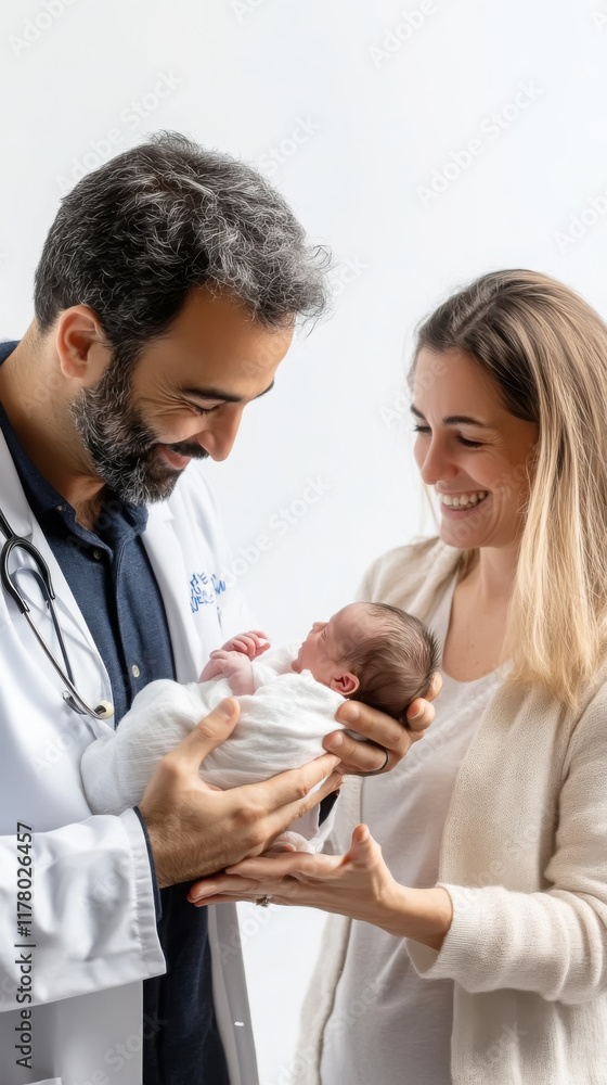 Doctor gently handing newborn to smiling mother in bright studio setting Doctor gently handing newborn to smiling mother in bright studio setting