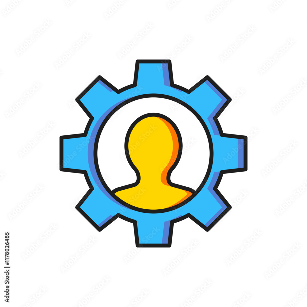 Color Human with gear icon isolated on white background. Artificial intelligence. Thinking brain sign. Symbol work of brain. Flat filled outline style with shadow. Vector