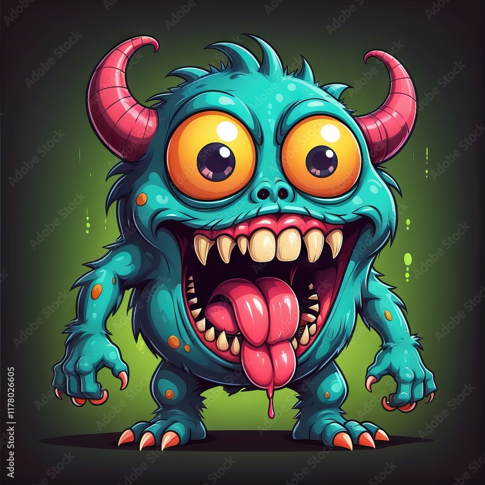 Fototapeta premium Funny turquoise cartoon monster sticking out tongue with big eyes and horns