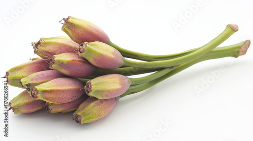 A fresh bunch of bananas with small green tips on a white isolated background