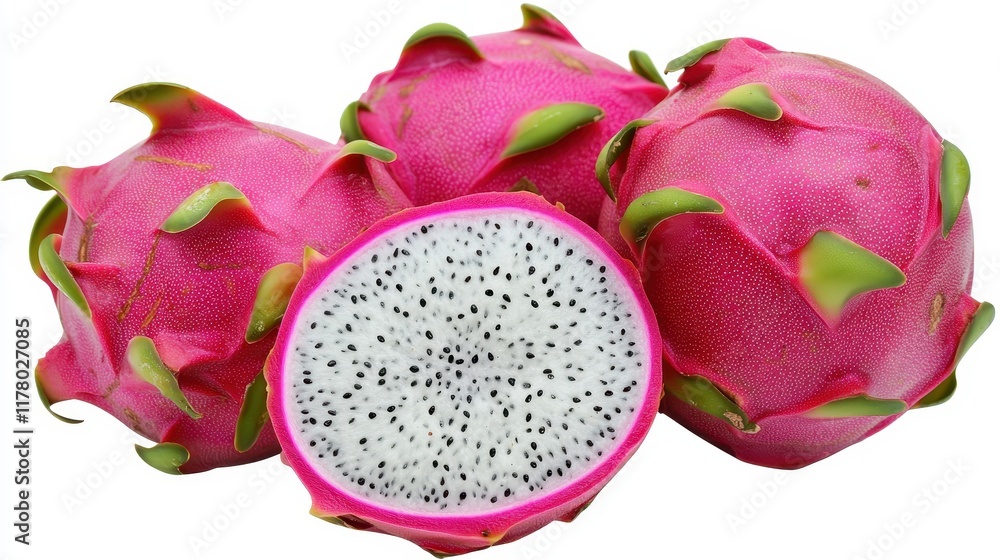 A fresh dragon fruit with pink skin and white flesh on a white isolated background A fresh dragon fruit with pink skin and white flesh on a white isolated background