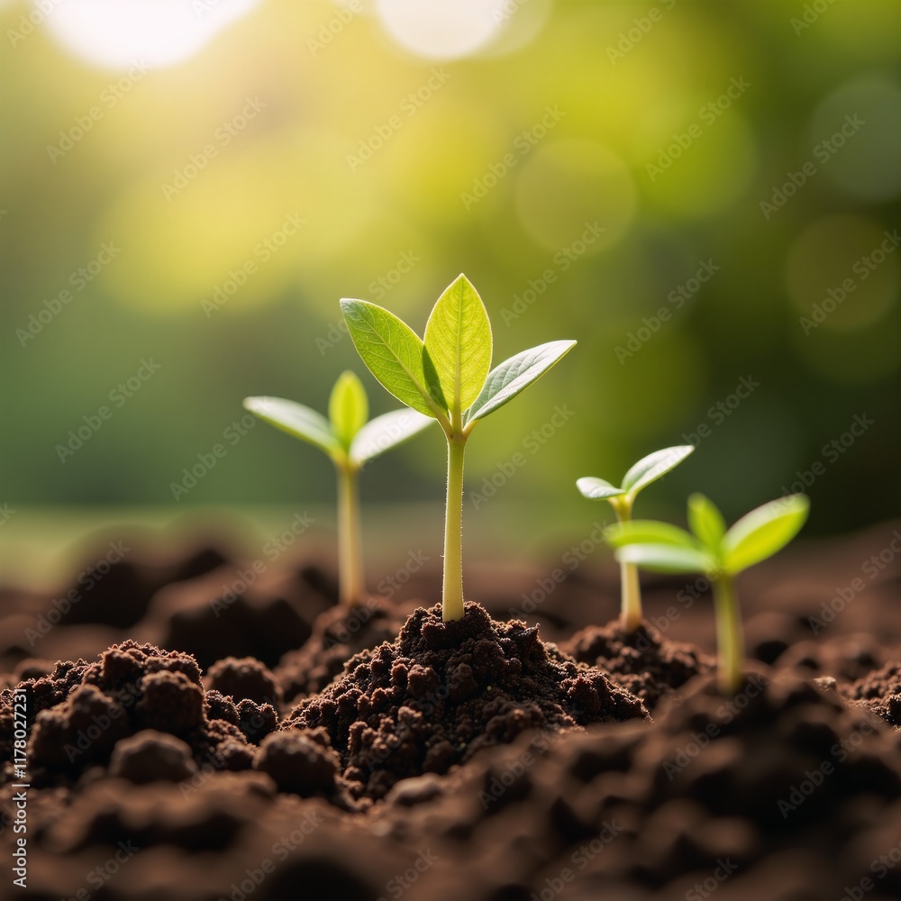 Fototapeta premium Young seedlings blooming amidst sunlight-soaked soil embodying themes of growth sustainability and nurturing investments