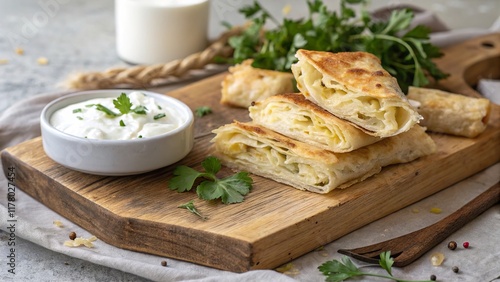 Delightful banitsa served with fresh yogurt and herbs on a rustic wooden table photo