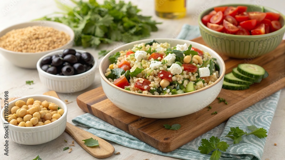 Delightful barley salad with fresh vegetables and rich flavors presented on wooden board in vibrant kitchen setting Delightful barley salad with fresh vegetables and rich flavors presented on wooden board in vibrant kitchen setting