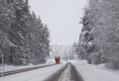 The truck is moving through a snowy forest in bad weather. Be careful on the roads.