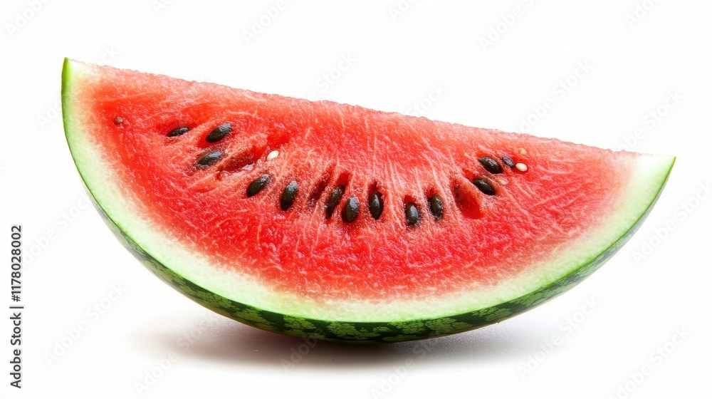 A juicy and bright watermelon slice with seeds on a white isolated background A juicy and bright watermelon slice with seeds on a white isolated background