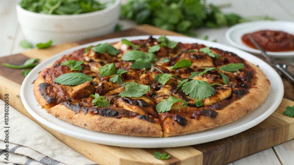 Smoky charred crust BBQ chicken pizza topped with fresh herbs served in a cozy kitchen setting Smoky charred crust BBQ chicken pizza topped with fresh herbs served in a cozy kitchen setting