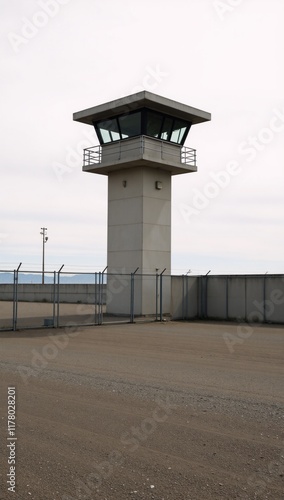 Modern prison tower looms over expansive desert symbolizing isolation  control photo