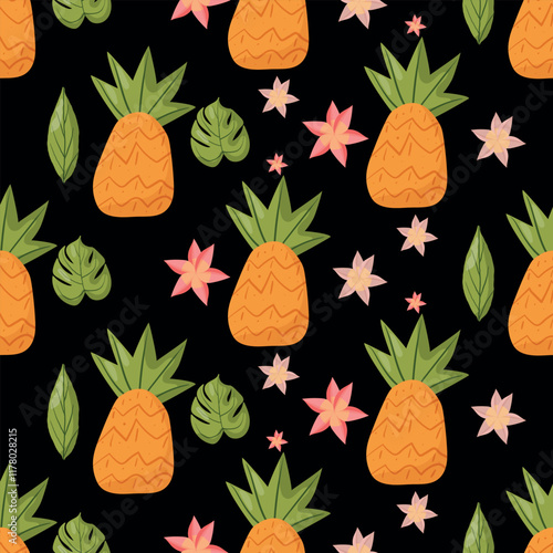 Seamless pattern featuring bright orange pineapples and pink flowers on a black background. Perfect for tropical-themed designs, textiles, packaging, and vibrant decorations, optimized for top search 