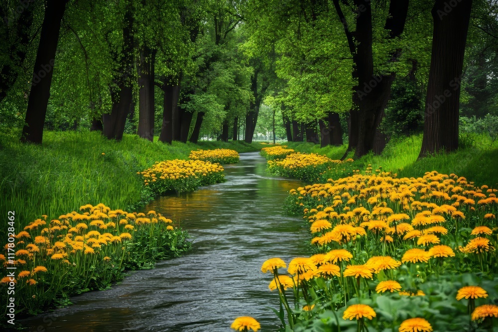 Fototapeta premium Ancient river in a vibrant park surrounded by green trees and blooming yellow dandelions