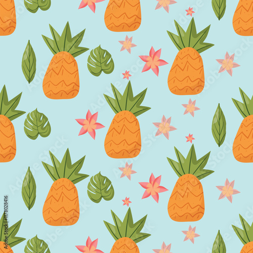 Seamless tropical pattern featuring pineapples, green leaves, and pink flowers on a light blue background. Ideal for summer designs, textiles, packaging, and decorative projects