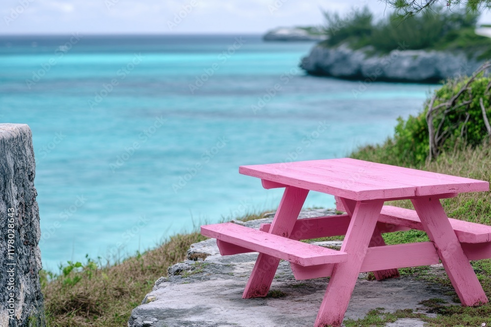 Fototapeta premium A pink picnic table situated on the edge of a cliff, perfect for scenic views and outdoor dining