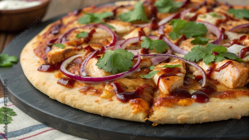 Savoring the deliciousness of BBQ chicken pizza with melted cheese and fresh toppings on a wooden table Savoring the deliciousness of BBQ chicken pizza with melted cheese and fresh toppings on a wooden table