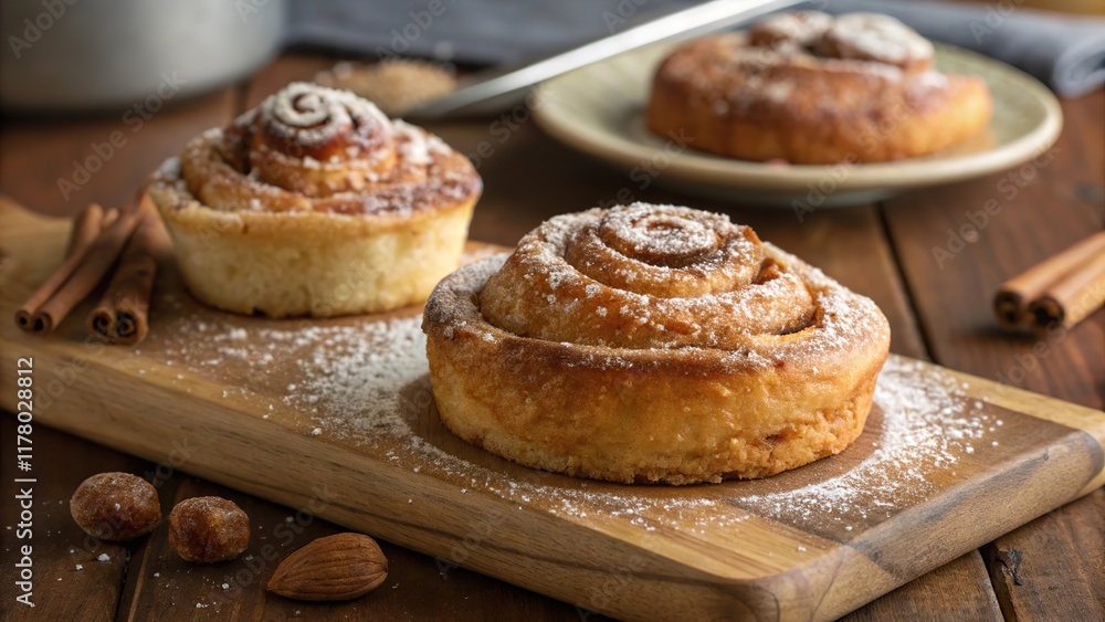Delicious beavertail pastry topped with cinnamon and sugar on a wooden tray Delicious beavertail pastry topped with cinnamon and sugar on a wooden tray