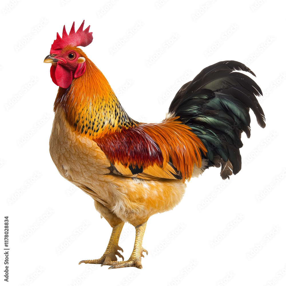 Fototapeta premium Colorful rooster standing proudly in a farmyard