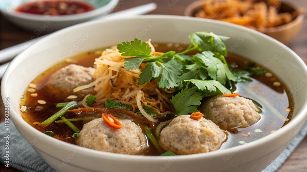 Delightful bowls of bakso showcasing tender meatballs in rich broth garnished with fresh herbs and spices Delightful bowls of bakso showcasing tender meatballs in rich broth garnished with fresh herbs and spices