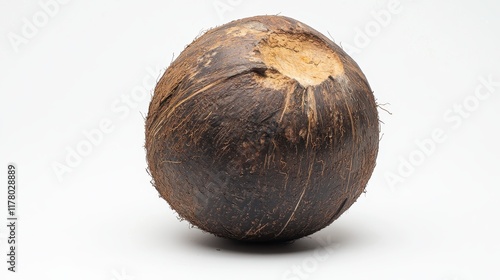 A whole coconut with its brown outer shell intact on a white isolated background