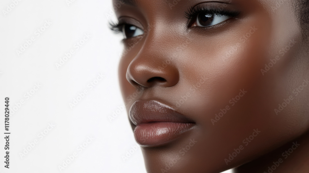 Elegant studio close-up of model's face emphasizing flawless beauty and natural elegance Elegant studio close-up of model's face emphasizing flawless beauty and natural elegance