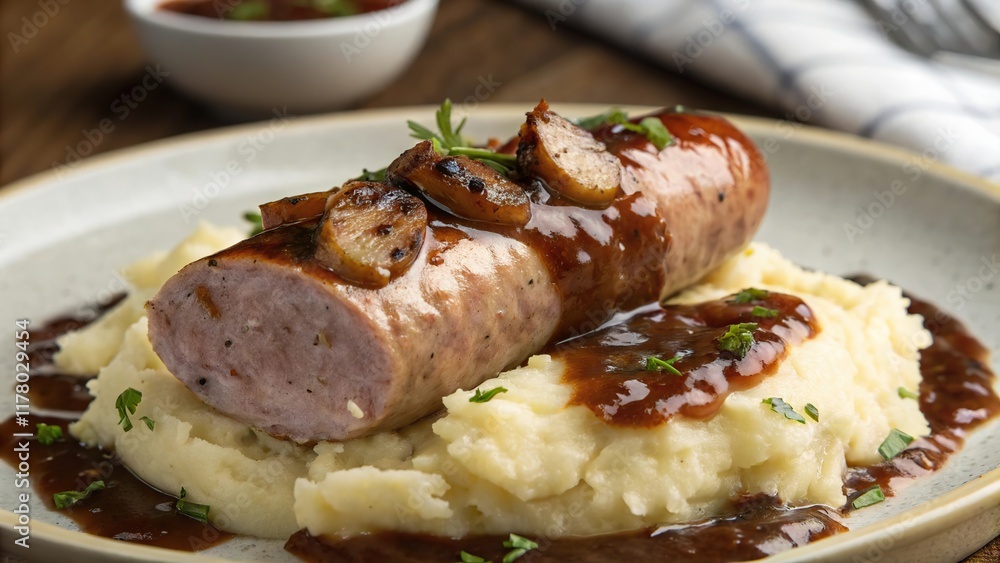 Savory sausage sliced open, revealing juicy filling atop creamy mashed potatoes with rich gravy and sautéed onions Savory sausage sliced open, revealing juicy filling atop creamy mashed potatoes with rich gravy and sautéed onions