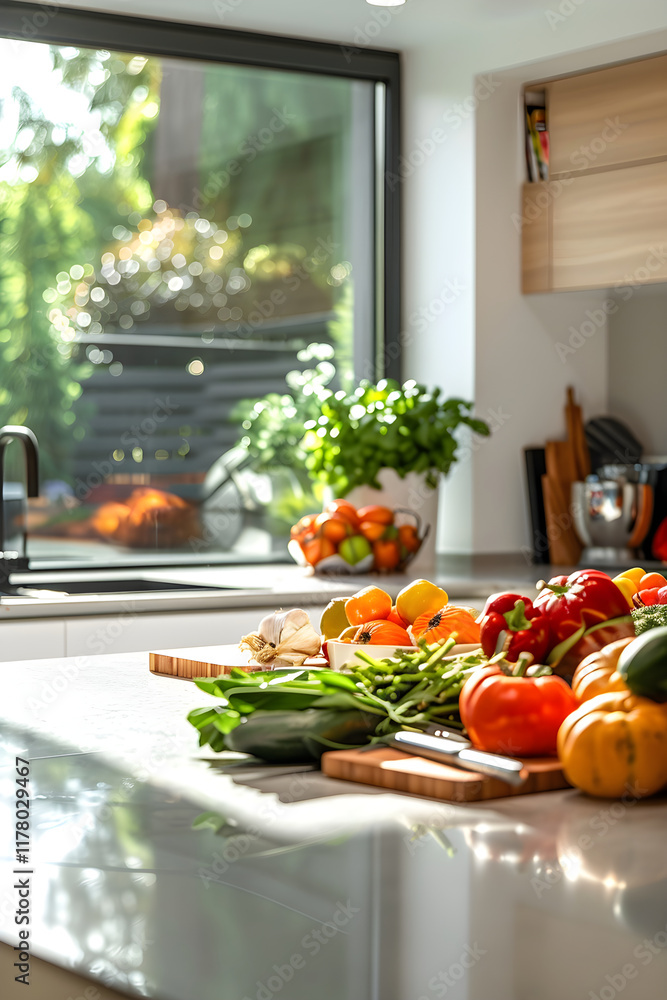 Modern Kitchen with Fresh Produce and Sleek Design, Inviting Atmosphere for Cooking and Entertaining Modern Kitchen with Fresh Produce and Sleek Design, Inviting Atmosphere for Cooking and Entertaining