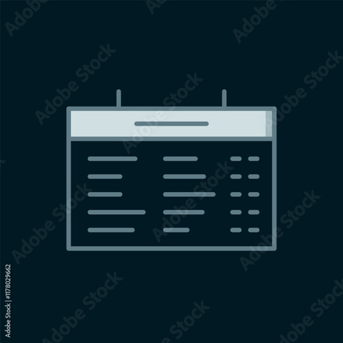Line Train station board icon isolated on black background. Mechanical scoreboard. Info of flight on the billboard in the train. Flat filled outline style with shadow. Vector