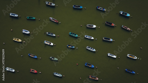 Serene River Scene with Moored Ships photo