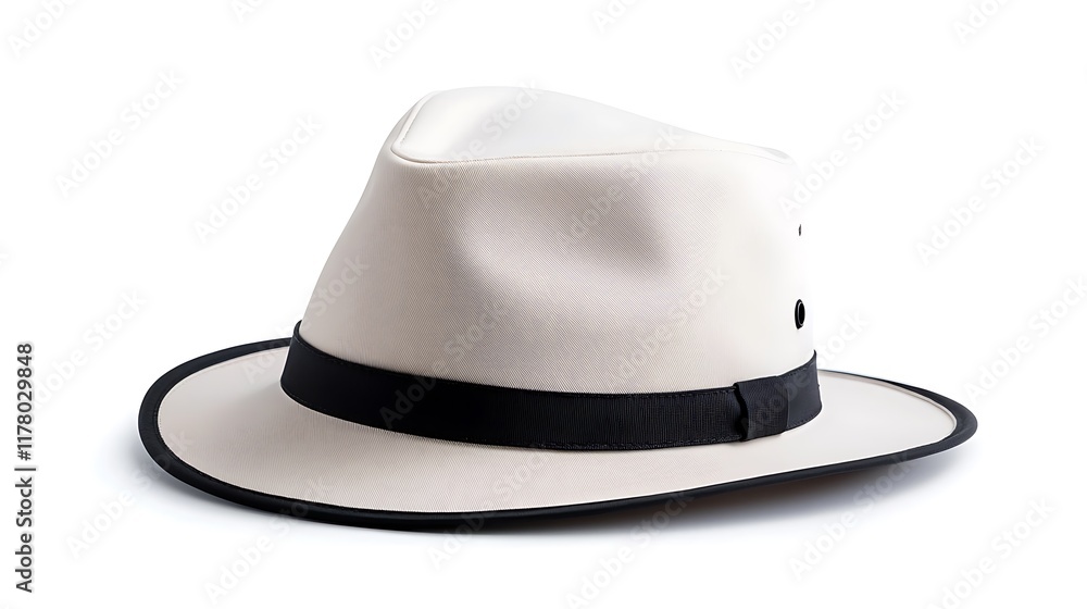 Off-white fedora hat with black band, angled view on white background. Off-white fedora hat with black band, angled view on white background.