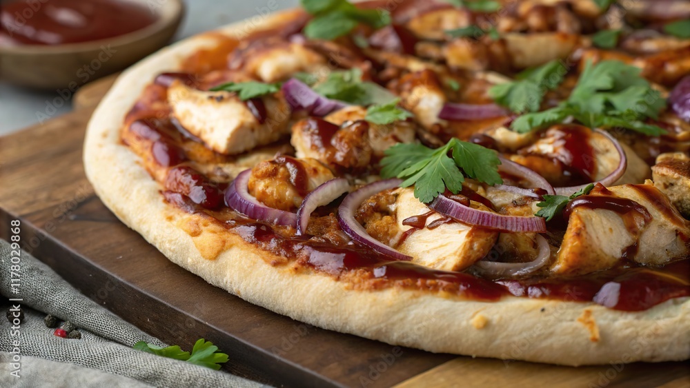 Savory close-up of BBQ chicken pizza with vibrant toppings ready to be enjoyed at a casual gathering Savory close-up of BBQ chicken pizza with vibrant toppings ready to be enjoyed at a casual gathering