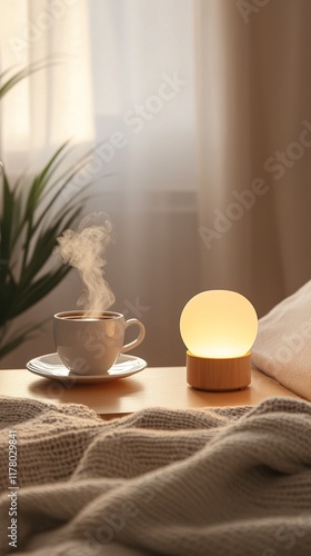 Cozy bedroom scene with warm drink and glowing lamp. photo