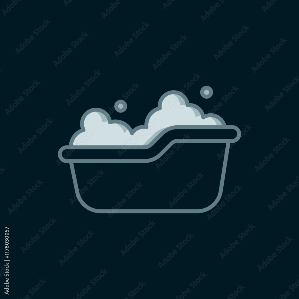 Line Baby bathtub with foam bubbles inside icon isolated on black background. Flat filled outline style with shadow. Vector