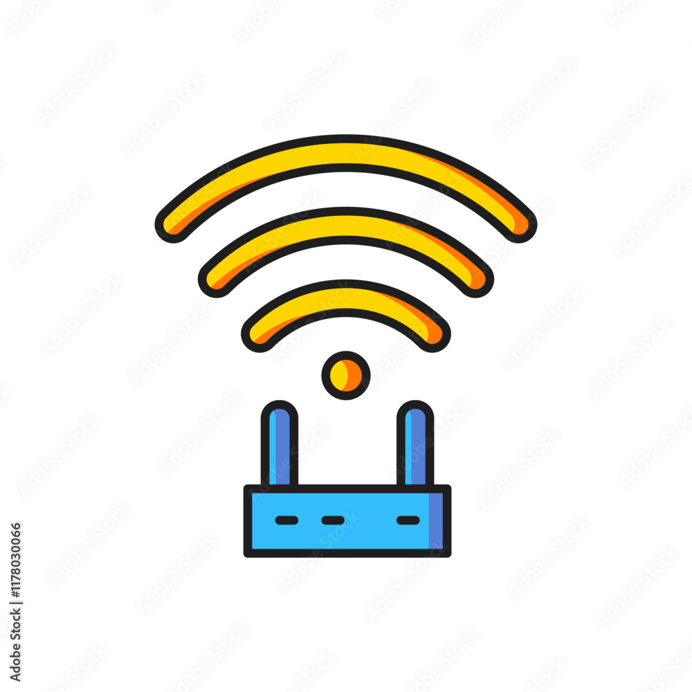 Color Router and wi-fi signal icon isolated on white background. Wireless ethernet modem router. Computer technology internet. Flat filled outline style with shadow. Vector Color Router and wi-fi signal icon isolated on white background. Wireless ethernet modem router. Computer technology internet. Flat filled outline style with shadow. Vector