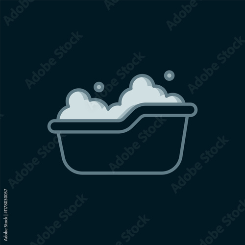 Line Baby bathtub with foam bubbles inside icon isolated on black background. Flat filled outline style with shadow. Vector photo