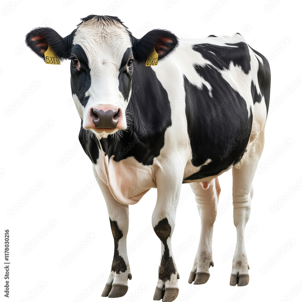 Black and white dairy cow standing on display